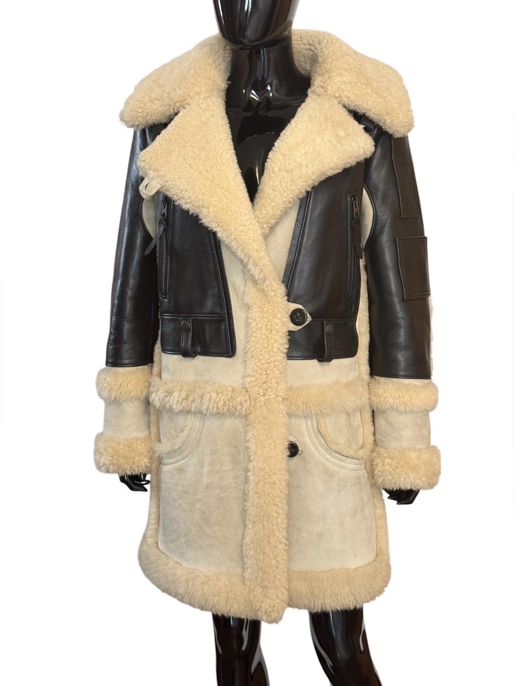 Coach 1941 Shearling Trim Two-Tone Leather Coat - Cream & Black lamb skin